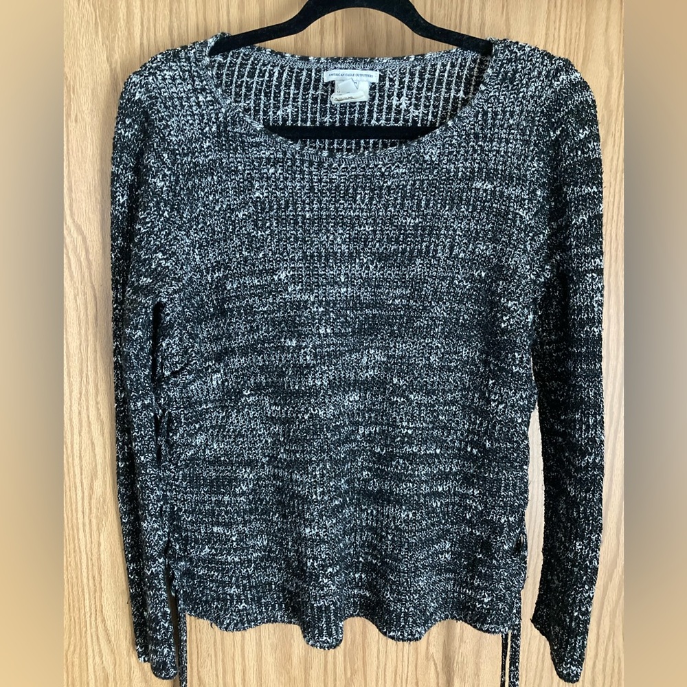 American Eagle Outfitters Sweater Medium Lace Up Sides Black with White Specks